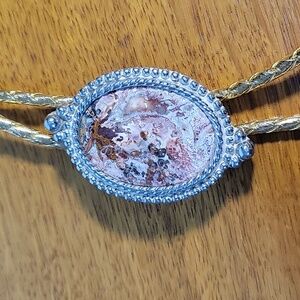 Vtg Bolo Tie Polished Stone SilverTone Beaded   Frame Gold CordWestern Accessory